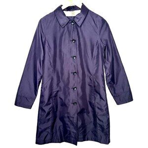 Lands End Womens Trench Coat Mid Length Plaid Lining Navy Blue Size XS 2-4